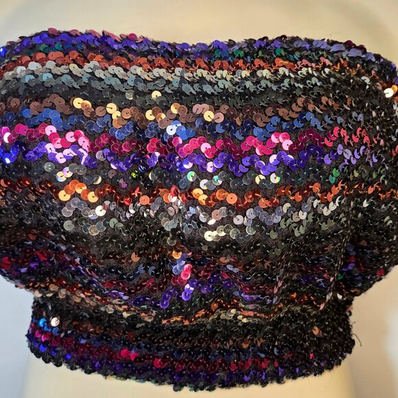Vintage 70s Disco Sequin Tube Top Size XL Strapless Cropped Jewel Tone Rainbow - Picture 2 of 8